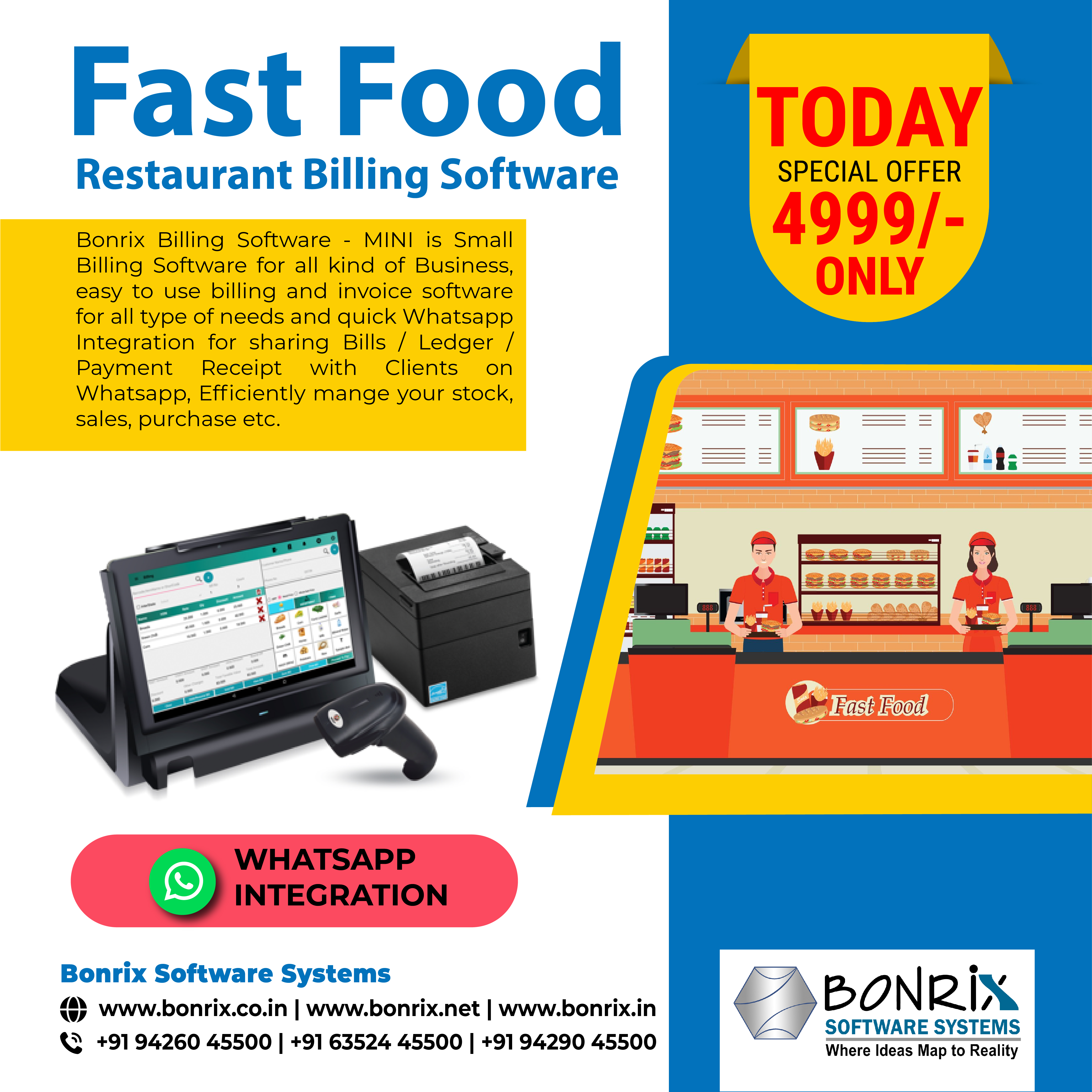 Fast Food Restaurant Billing Software. Small billing software for all kinds of businesses with quick Whatsapp integration for bills, ledger, and payment receipts.